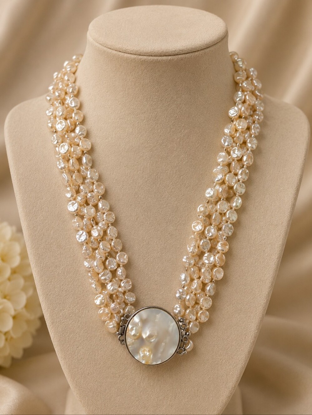 Vintage Three-Strand Freshwater Pearl Necklace with Mother-of-Pearl Clasp